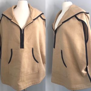TROUVÉ Camel Wool Blend Leather Trim Hooded Poncho SZ M/L Like New!!’